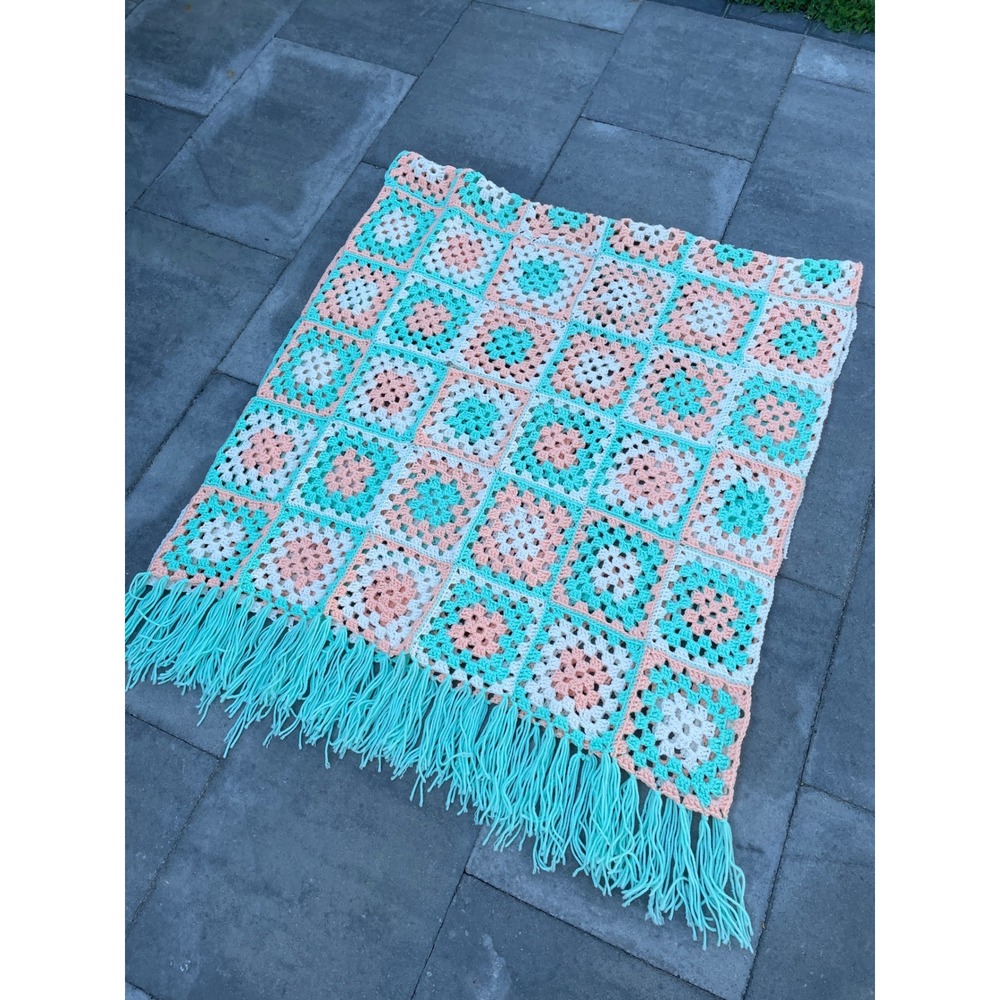 Handmade Crochet Granny Square Multicolor Fringed Throw Blanket 39x82 Peach Teal